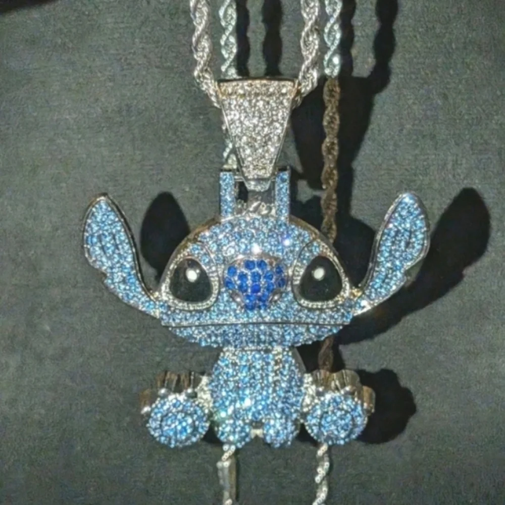 Stitch Character Rhinestone Pendant On Silver Tone Hip Hop Necklace 24